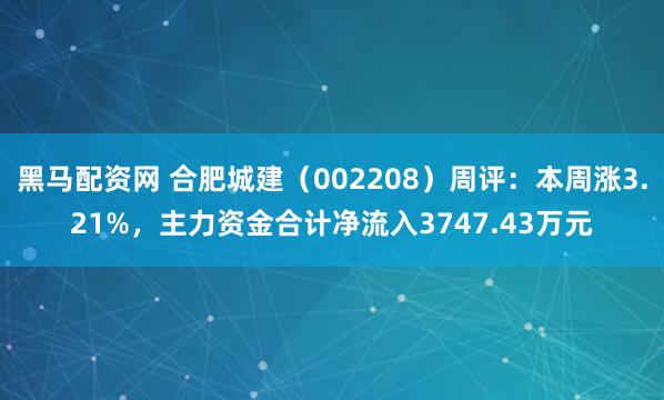 黑马配资网 合肥城建（002208）周评：本周涨3.21%，主力资金合计净流入3747.43万元